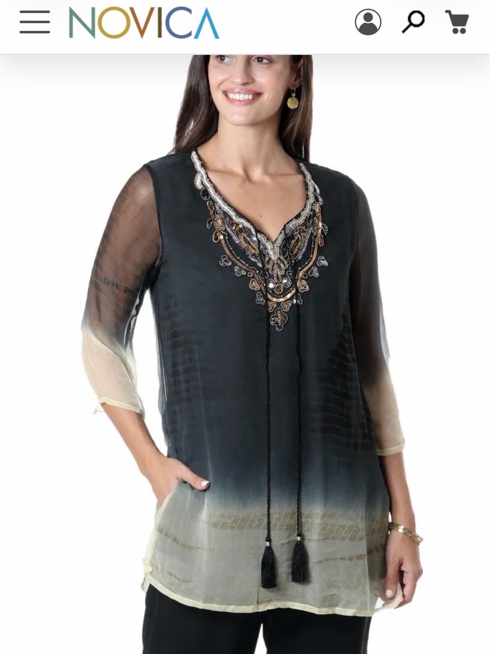 NOVICA Magical Glamour Beaded Ombré Tunic Black Gold XL